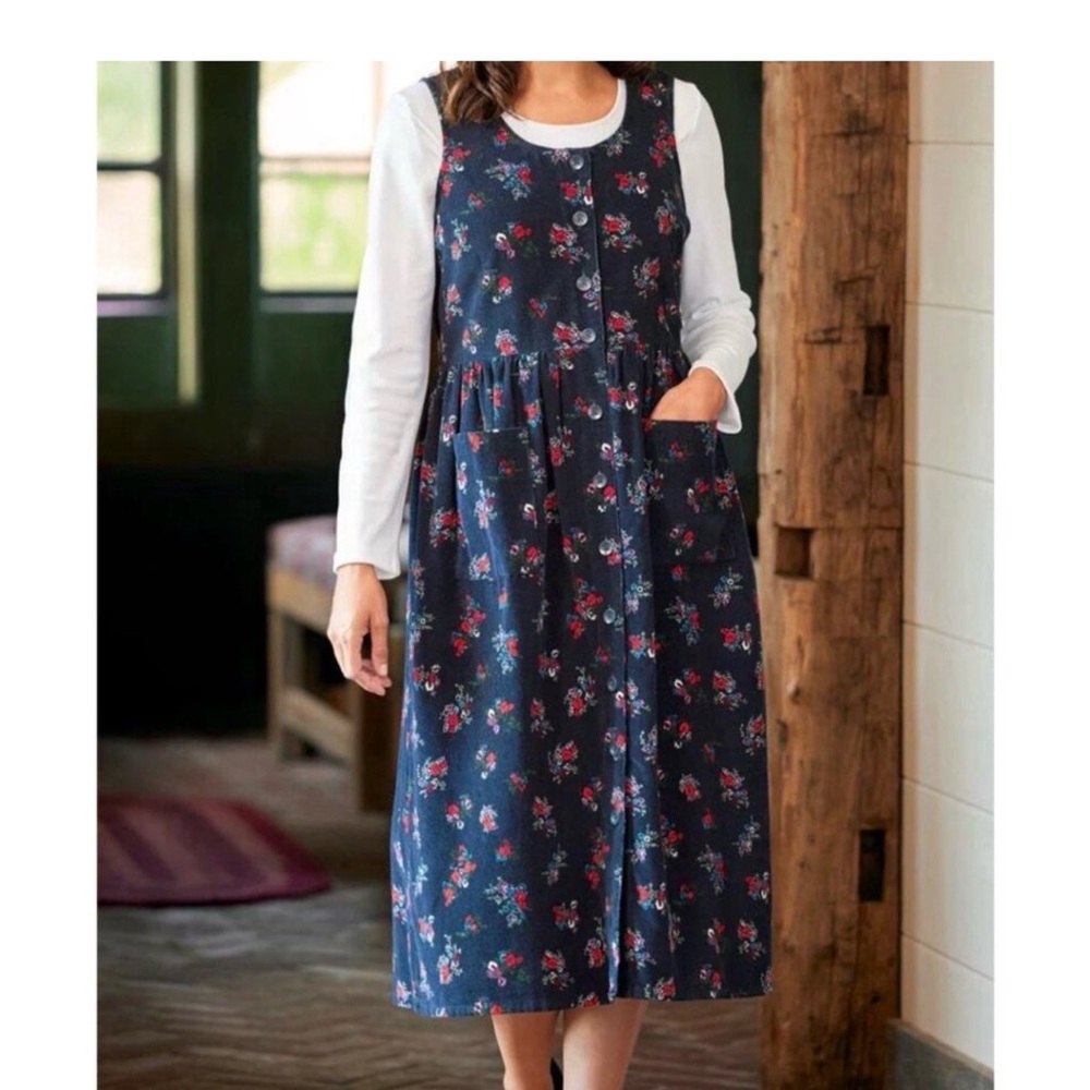 Navy Floral Pinafore Dress with Pockets